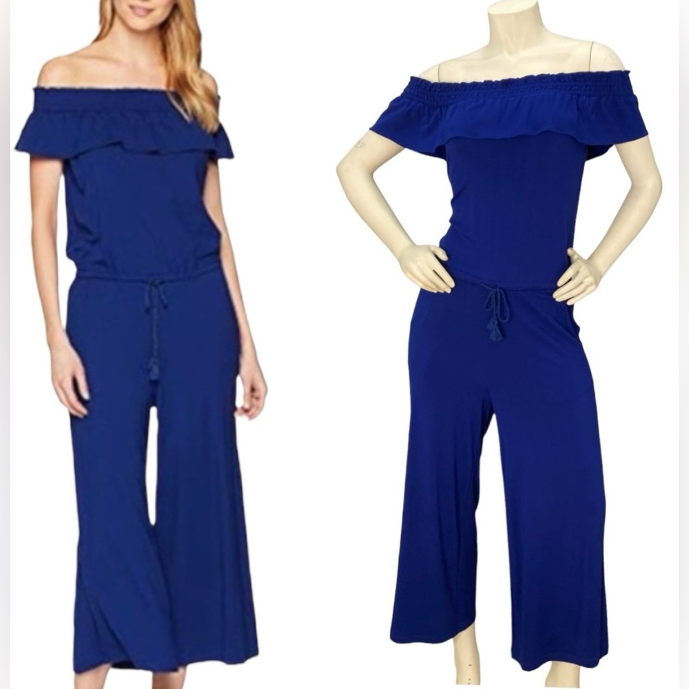 LAUREN RALPH LAUREN Royal Cobalt Blue Off Shoulder Flounce Soft Crop Jumpsuit,XS